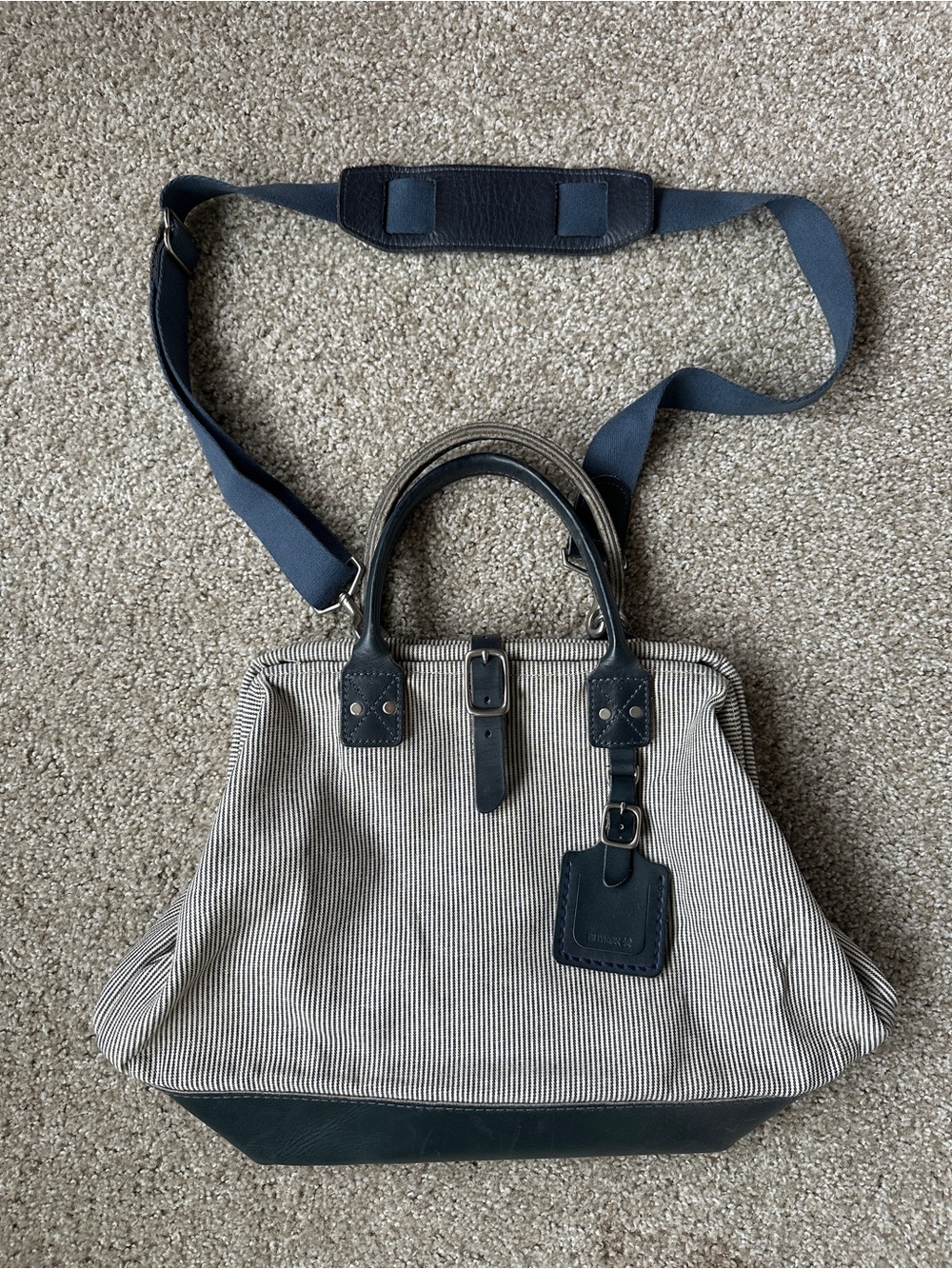 Billy Kirk Hickory Striped Canvas Carryall Tote with Navy Leather Trim